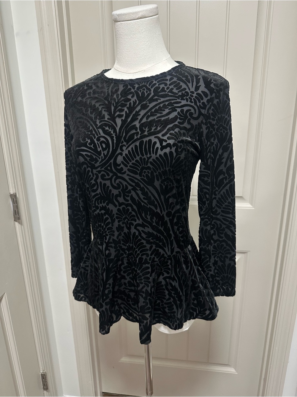 Ralph Lauren Black Velvet Burnout Peplum Long-Sleeve Top